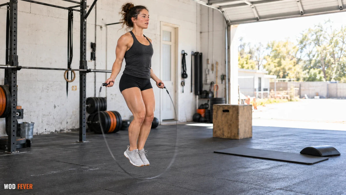 Athlete using a speed rope in a bright garage gym, with a sit-up mat nearby.