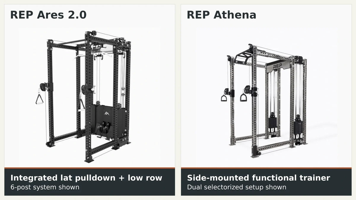 REP Ares 2.0 six-post system and dual selectorized Athena system shown in actual manufacturer product photographs