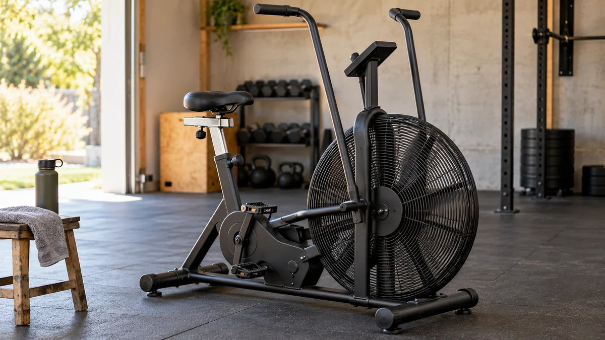 Fan-resistance air bike ready for a workout in a naturally lit garage gym