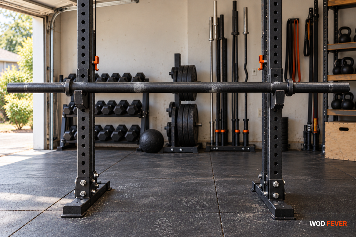 A straight thick-grip black axle bar resting on rack J-cups in a garage gym