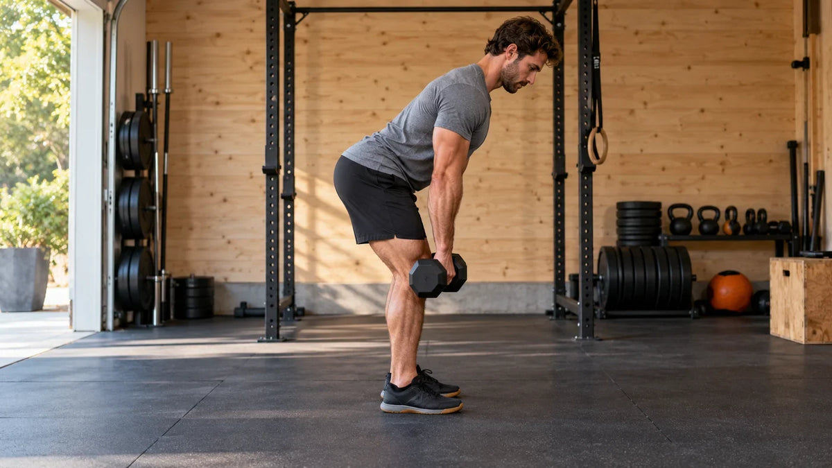 Light dumbbell hip hinge with soft knees and weights close to legs; technique illustration