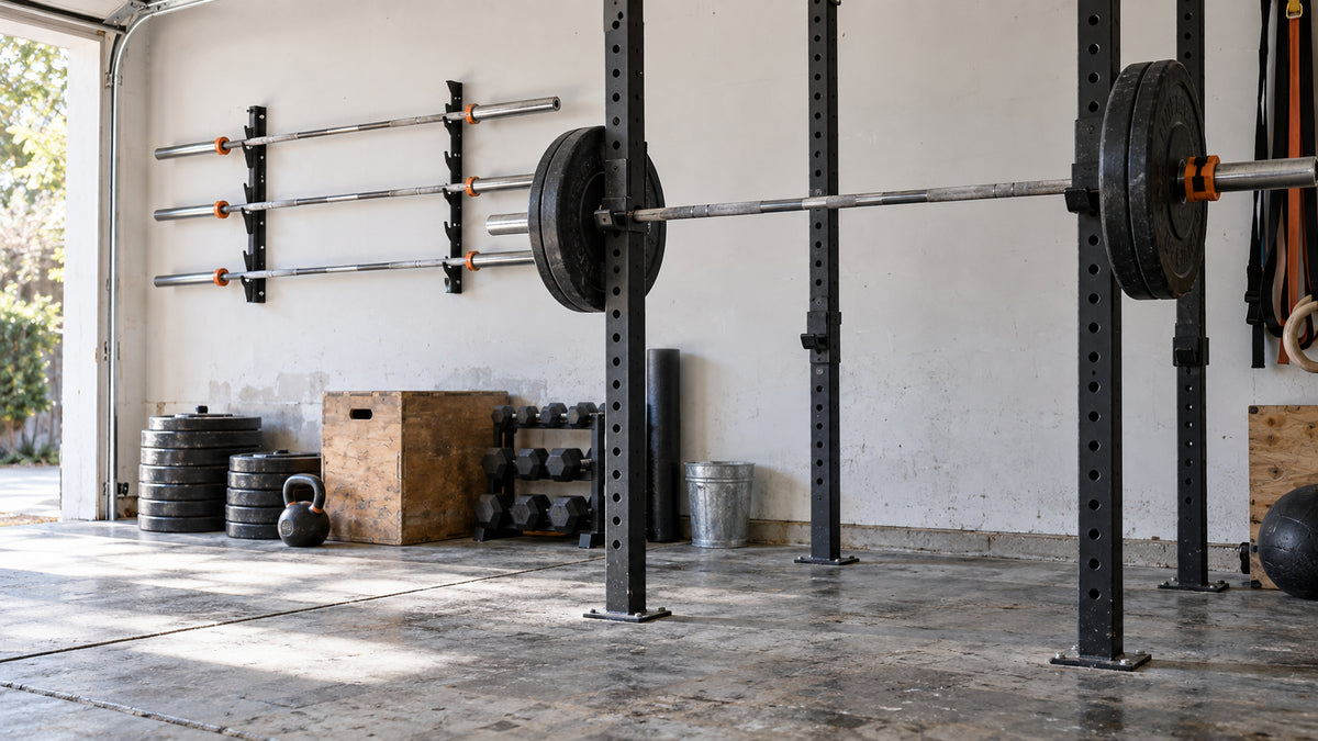 Olympic barbells stored in a realistic garage gym