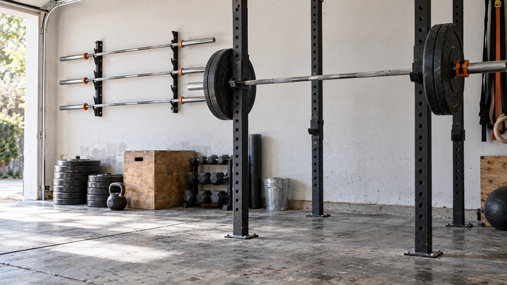 Olympic barbells stored in a realistic garage gym