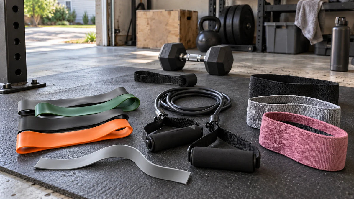 Long-loop bands, an open-ended flat band, handled tubing and fabric mini bands, with an unattached door anchor