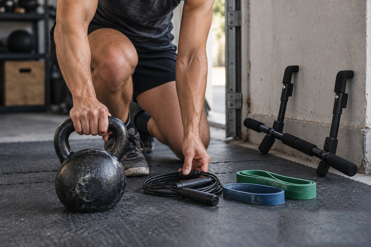 Compact CrossFit home gym equipment with kettlebell, speed rope, resistance bands and doorway pull-up bar