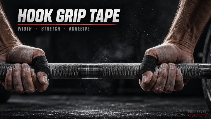 Hook grip on an Olympic bar with black elastic thumb tape.