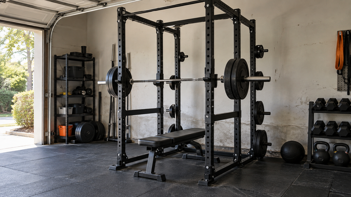 Four-post power rack with barbell and bench in a realistic light-colored garage gym