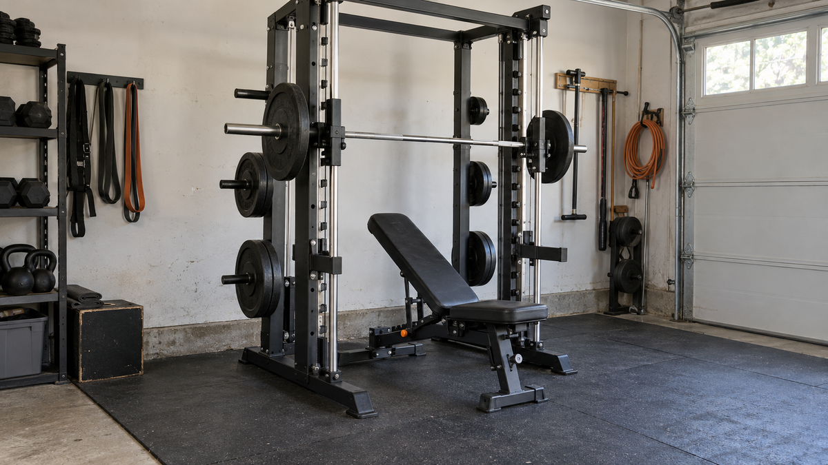 Smith machine and adjustable bench in a realistic light-colored garage gym
