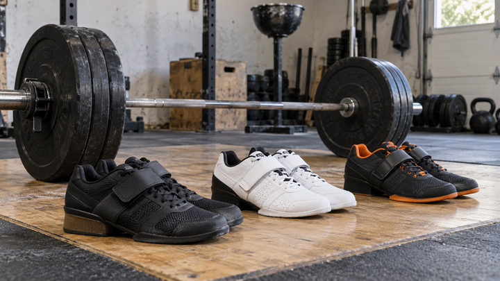 Weightlifting shoes on a wooden platform beside a barbell in a realistic garage gym