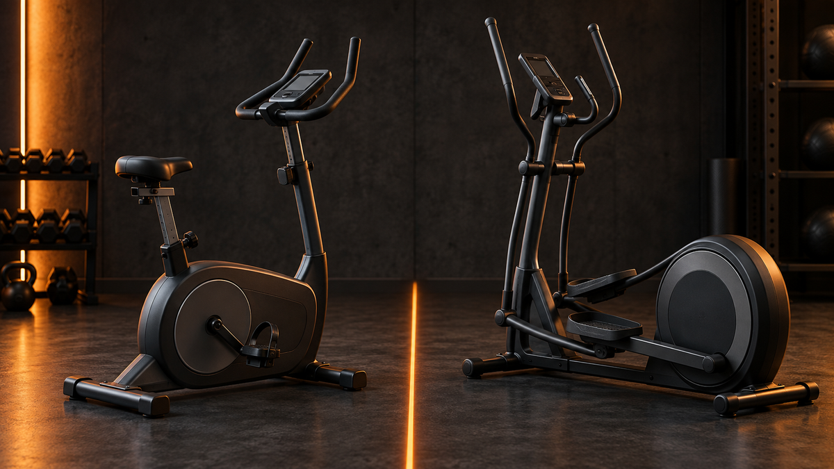 Exercise bike and elliptical compared on a dark orange-accented backdrop