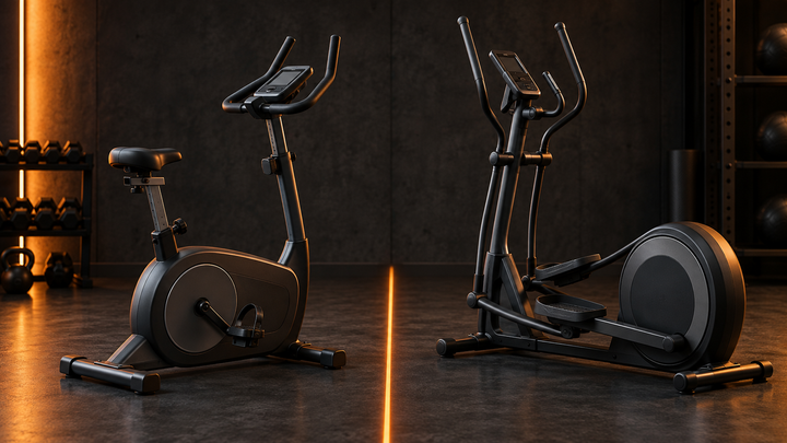 Exercise bike and elliptical compared on a dark orange-accented backdrop