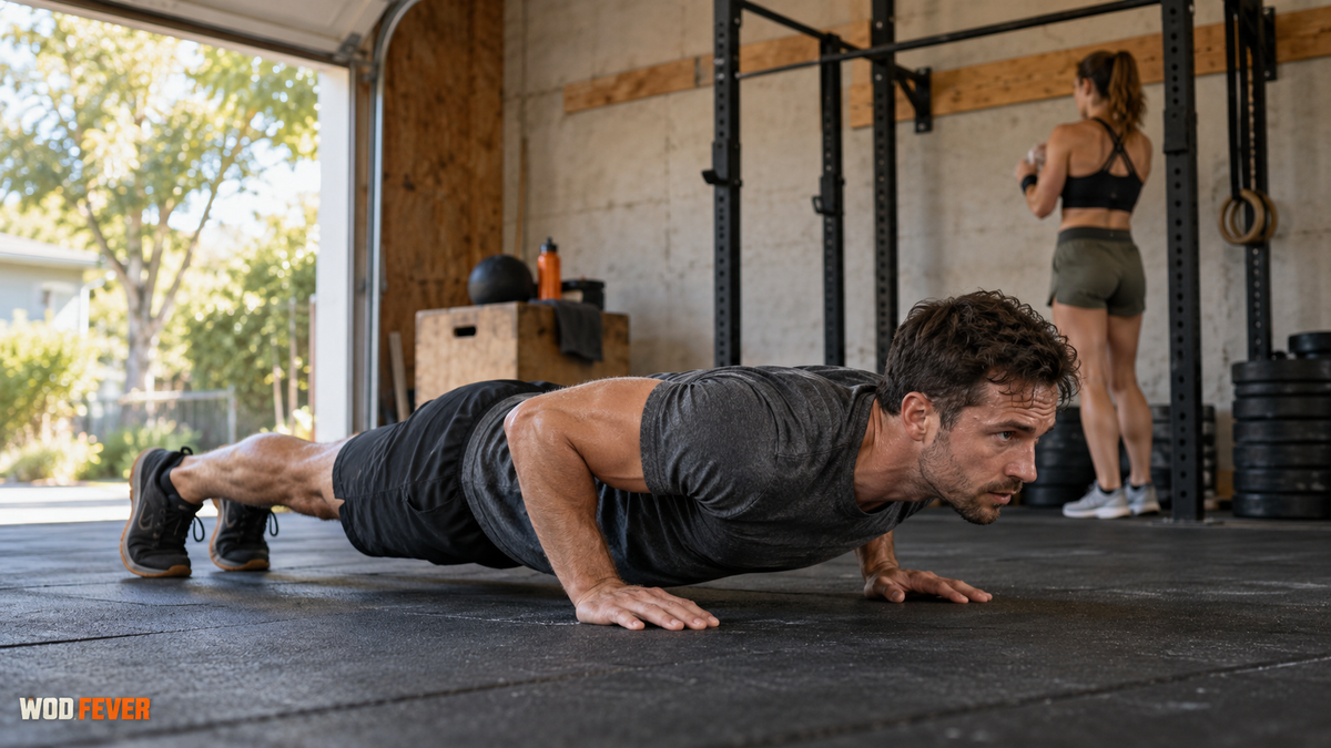 Athlete performing a push-up on a garage-gym floor with a pull-up station in the background.