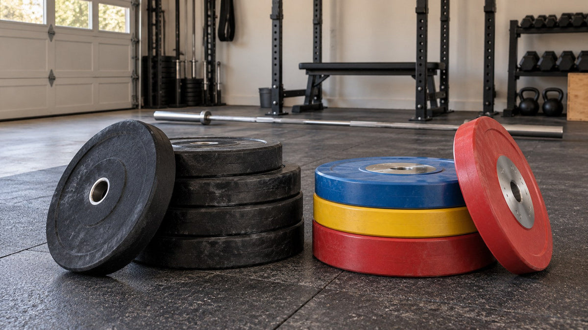 Illustrative black training bumpers and colored competition-style bumper plates in a garage gym