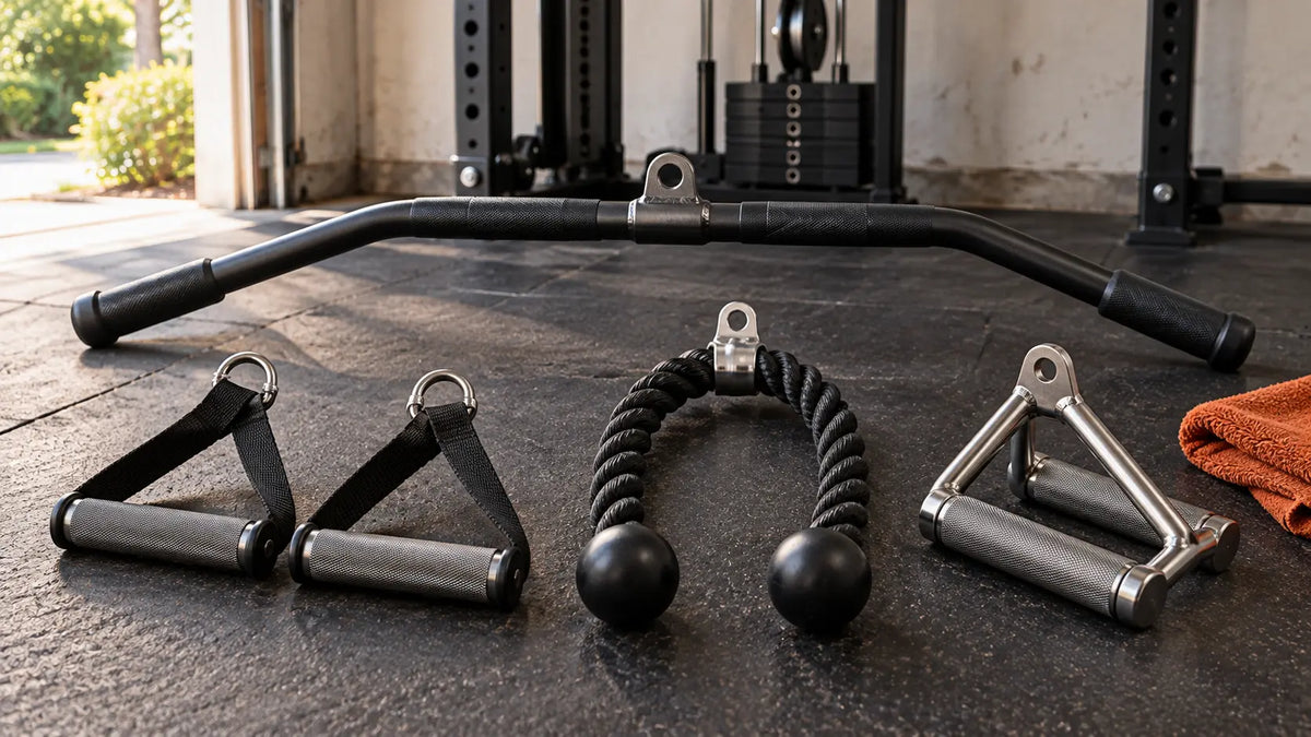 Illustrative cable attachments arranged in a home gym: D-handles, triceps rope, triangle row handle and lat bar.