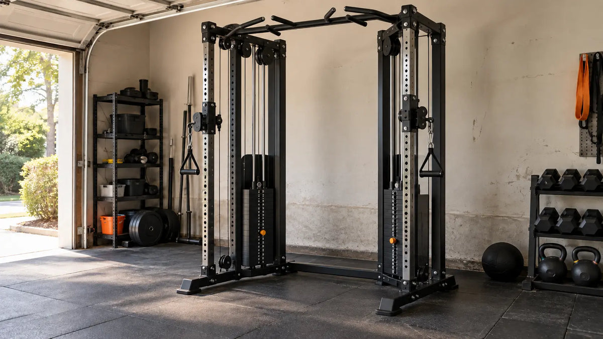 Illustrative home garage gym with a dual adjustable cable machine, black steel equipment and natural daylight.