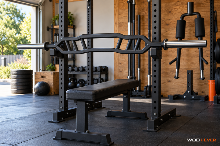 Garage-gym equipment illustration for Cambered Bars Explained: Bench, Squat & Multi-Grip Designs