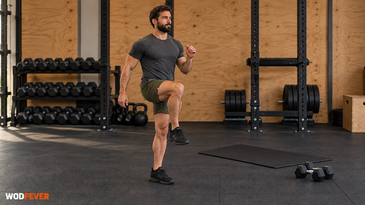 Athlete marching in place beside a mat and dumbbells during a home circuit workout.