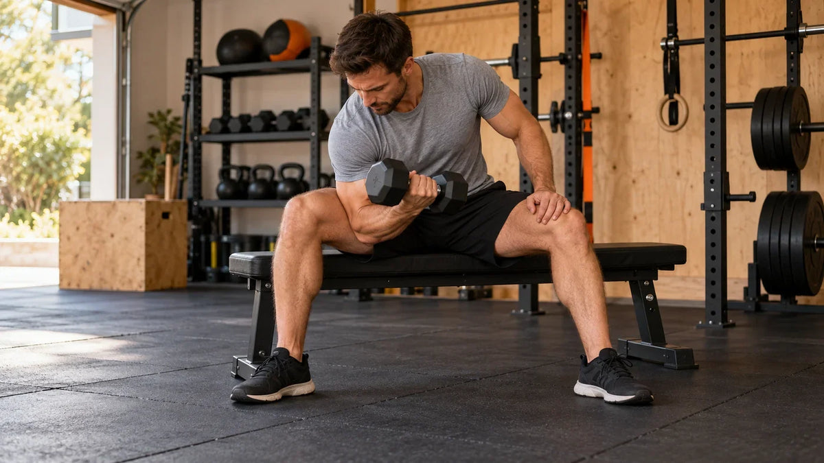 Seated concentration curl with upper arm supported against inner thigh; technique illustration