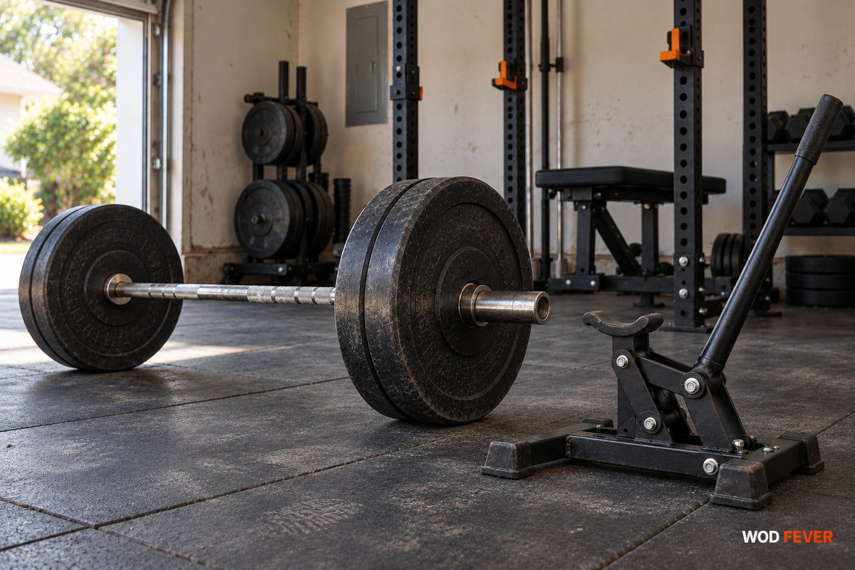 A compact mini deadlift jack parked beside a loaded barbell in a garage gym
