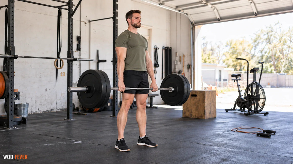 Athlete standing at the finish of a barbell deadlift in a bright garage gym.