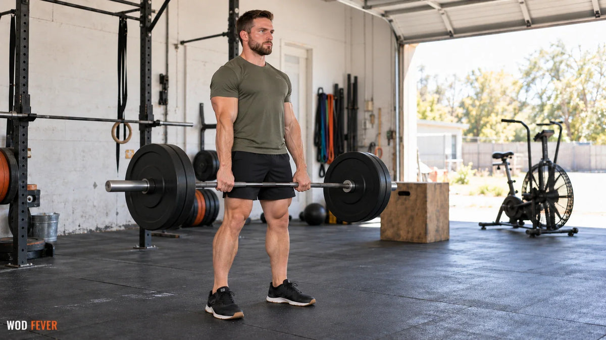 Athlete standing at the finish of a barbell deadlift for DT in a bright garage gym.