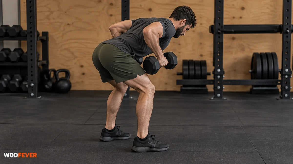 Athlete performing a bent-over dumbbell row in a garage gym.
