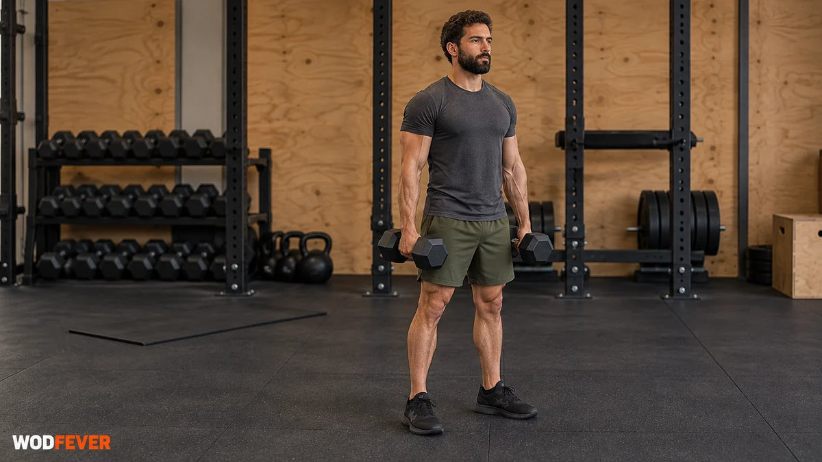 Athlete holding two dumbbells beside a dumbbell rack in a garage gym.