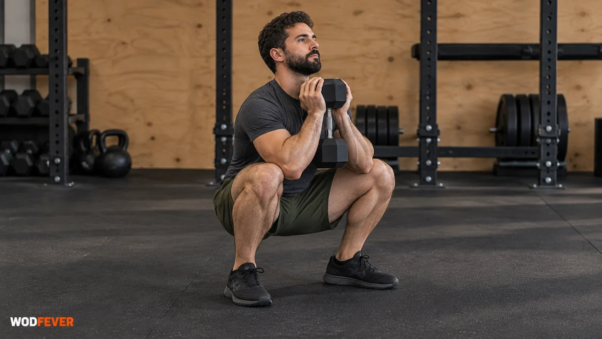Athlete performing a dumbbell goblet squat in a garage gym.