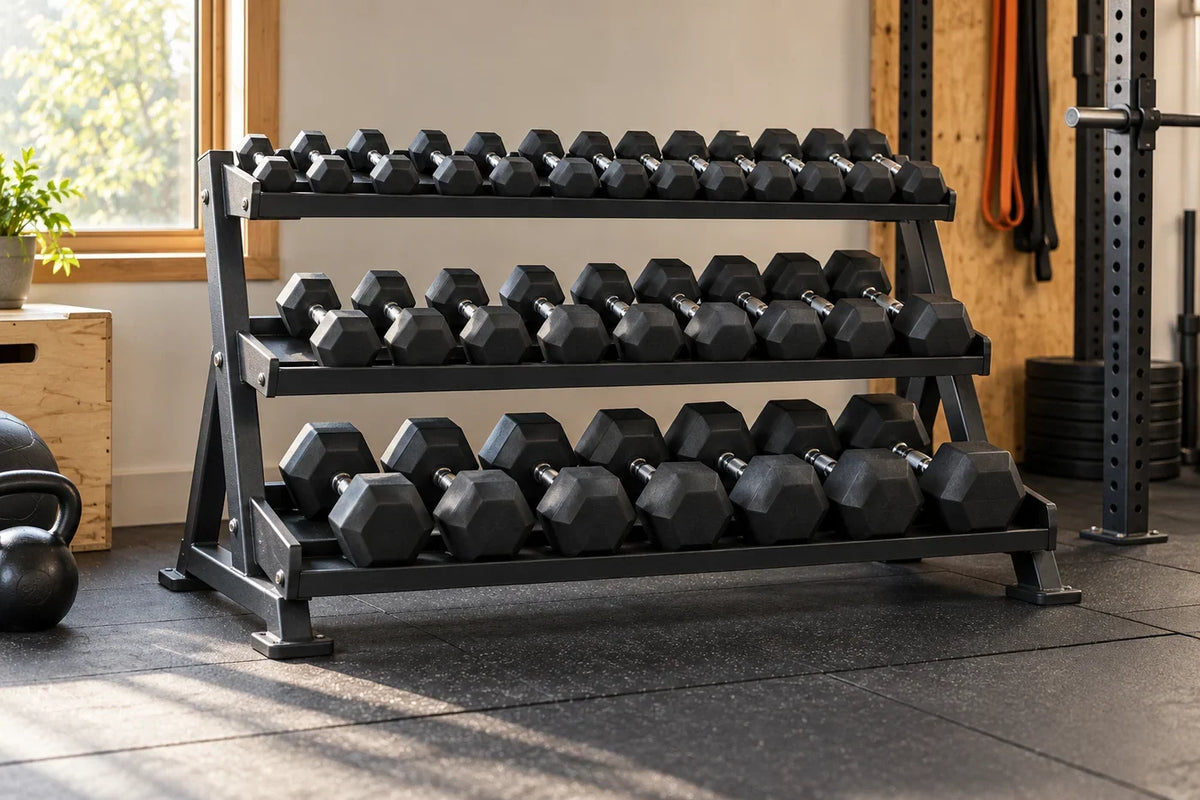 Three-tier rack holding pairs of hex dumbbells; equipment illustration