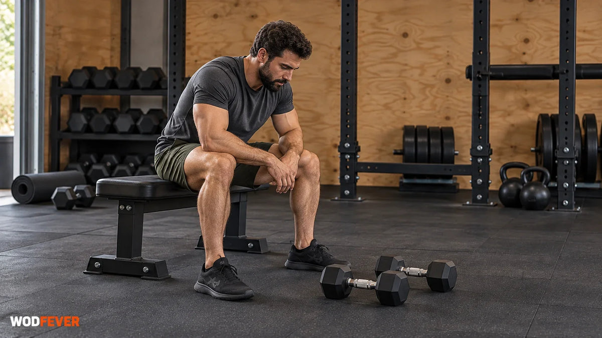 Athlete seated in a garage gym with a pair of dumbbells ready for a full-body workout.