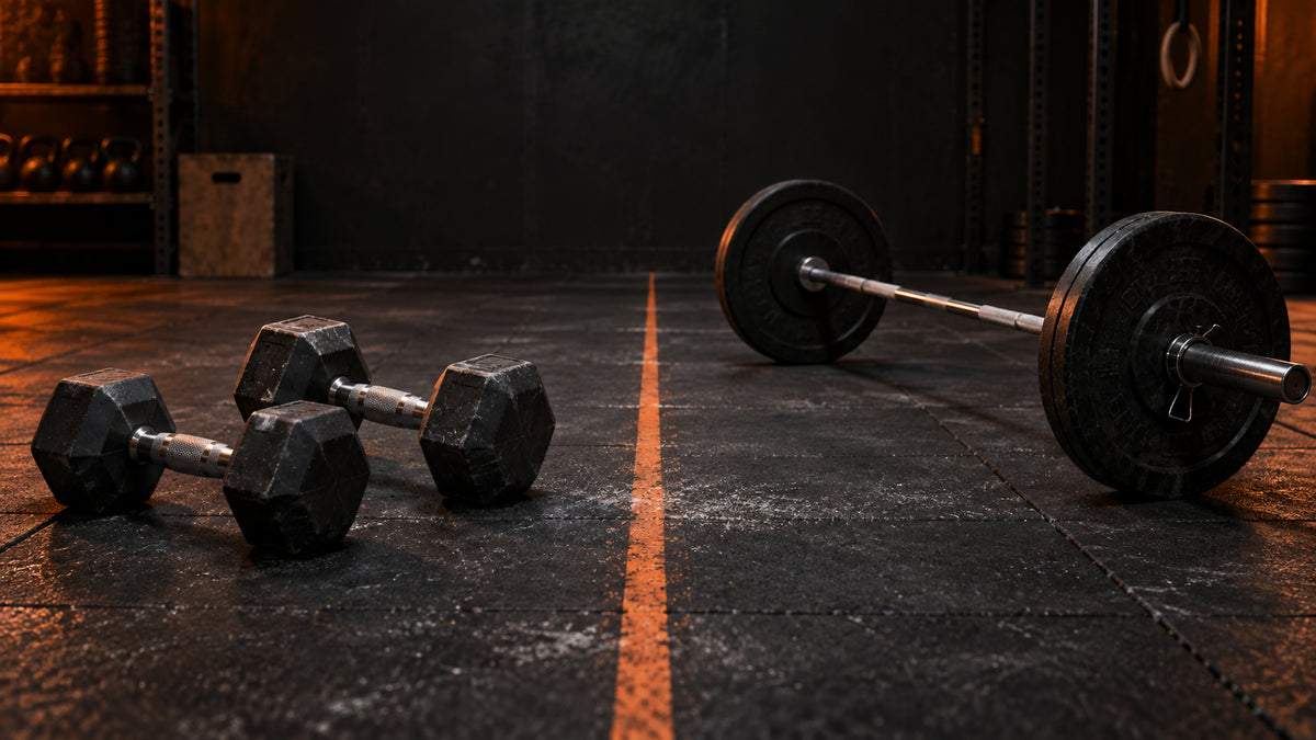 Dumbbells and a loaded barbell compared on a dark orange-accented gym floor