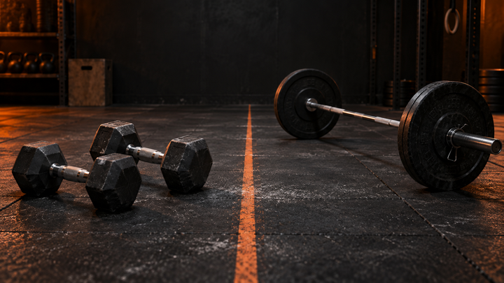 Dumbbells and a loaded barbell compared on a dark orange-accented gym floor