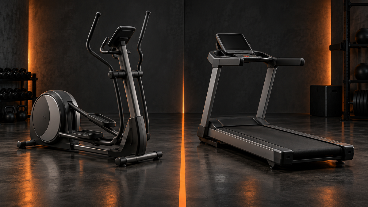 Elliptical trainer and treadmill compared on a dark orange-accented backdrop