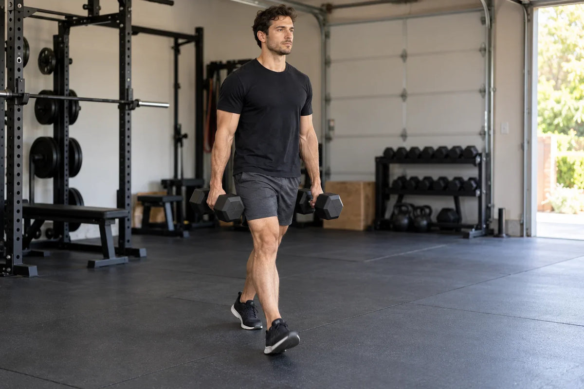 Farmer carry with matching dumbbells and an upright walking posture