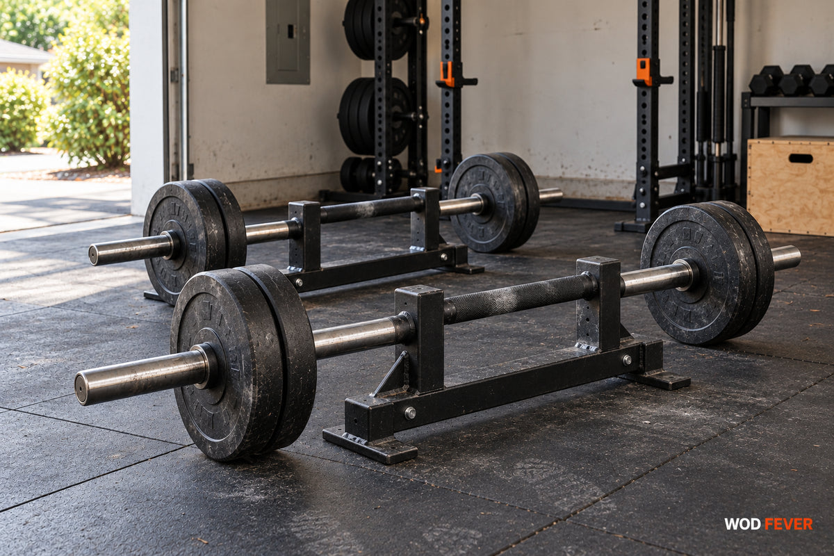 A matching pair of plate-loaded farmer's walk handles on a clear rubber-floor carry lane