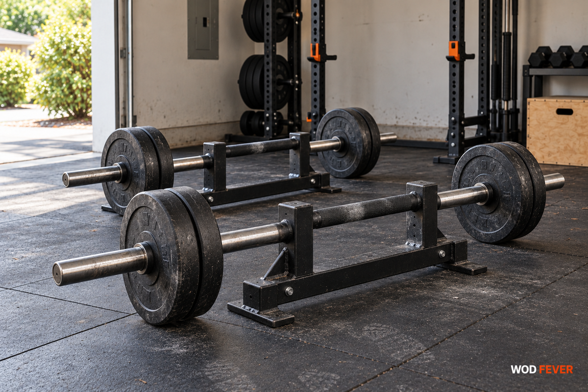 A matching pair of plate-loaded farmer's walk handles on a clear rubber-floor carry lane