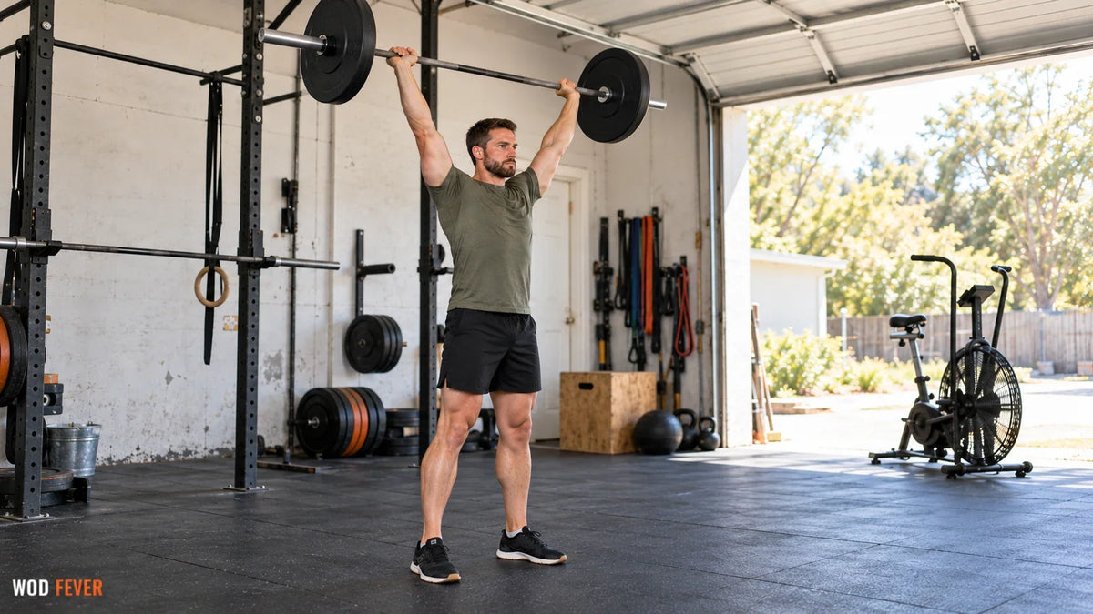 Athlete completing a barbell push press for Fight Gone Bad in a bright garage gym.