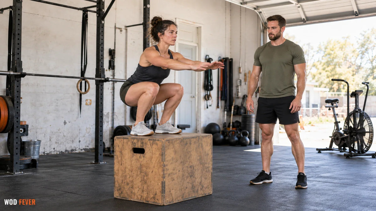 Athlete landing a box jump for Filthy Fifty in a bright garage gym.