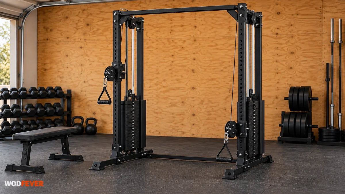 Dual adjustable pulley functional trainer with handles and weight stacks in a garage gym.