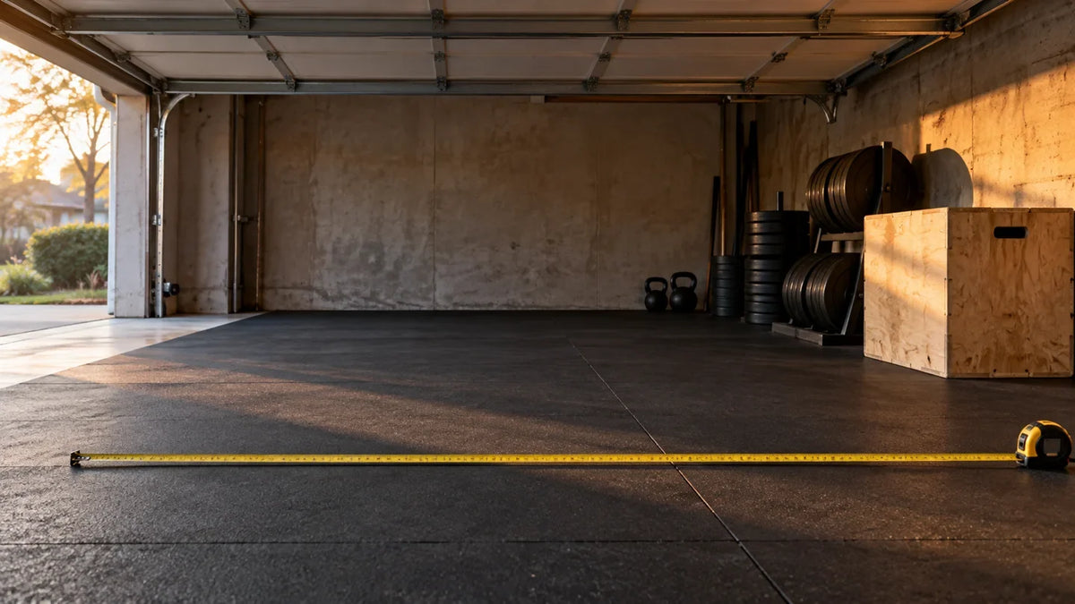 Original editorial garage measuring scene with flooring, tape measure and door tracks; no REP equipment depicted
