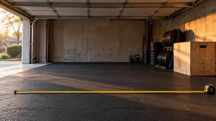 Original editorial garage measuring scene with flooring, tape measure and door tracks; no REP equipment depicted