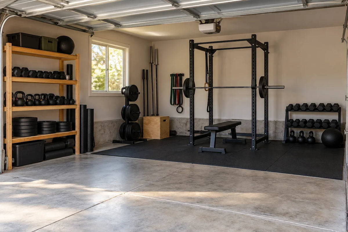 Illustrative garage gym with a rack, bench and clear open floor