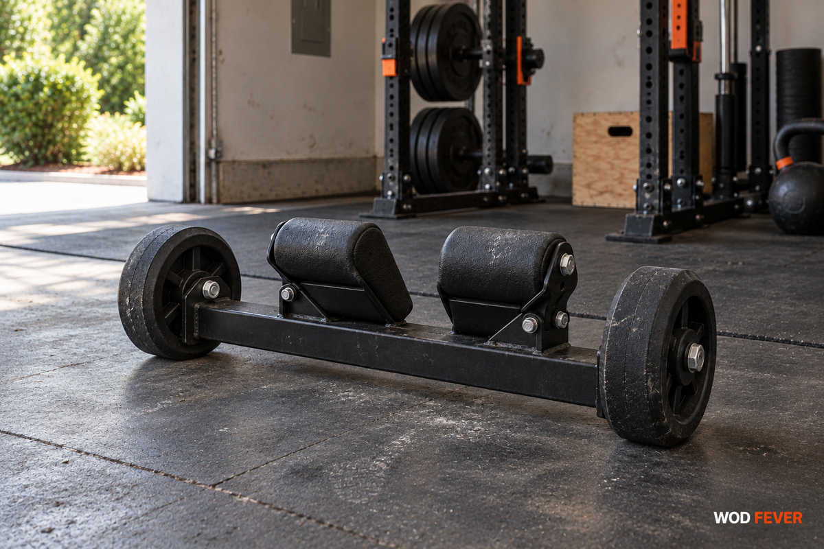 A compact two-wheel glute-ham roller with heel supports on a smooth concrete floor