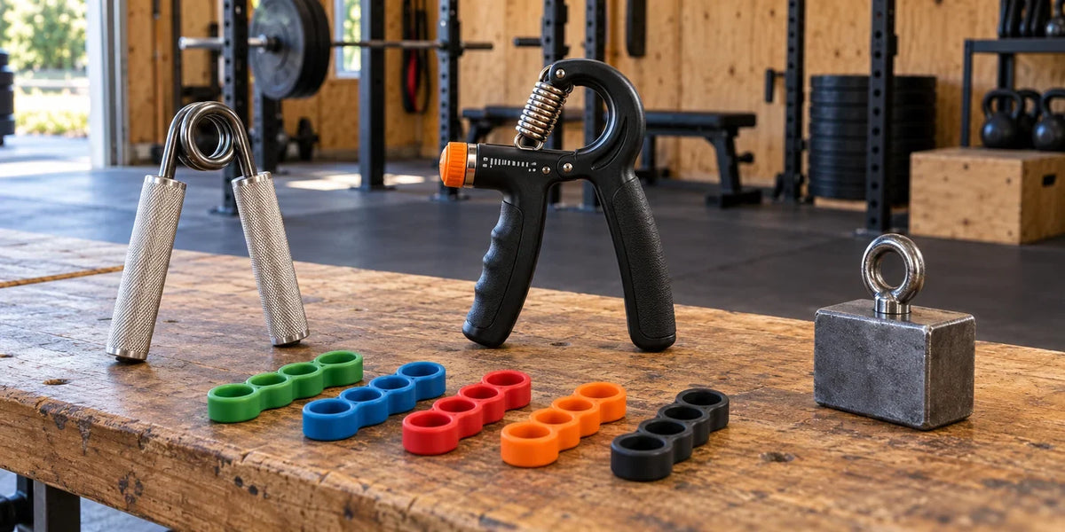 Hand grippers, finger extension tools and a pinch block; equipment illustration