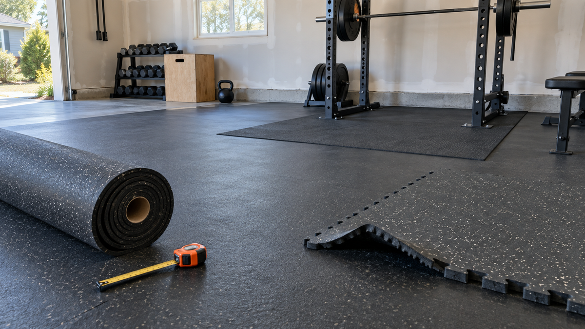 Rubber rolls, tiles and mats compared in a realistic garage gym