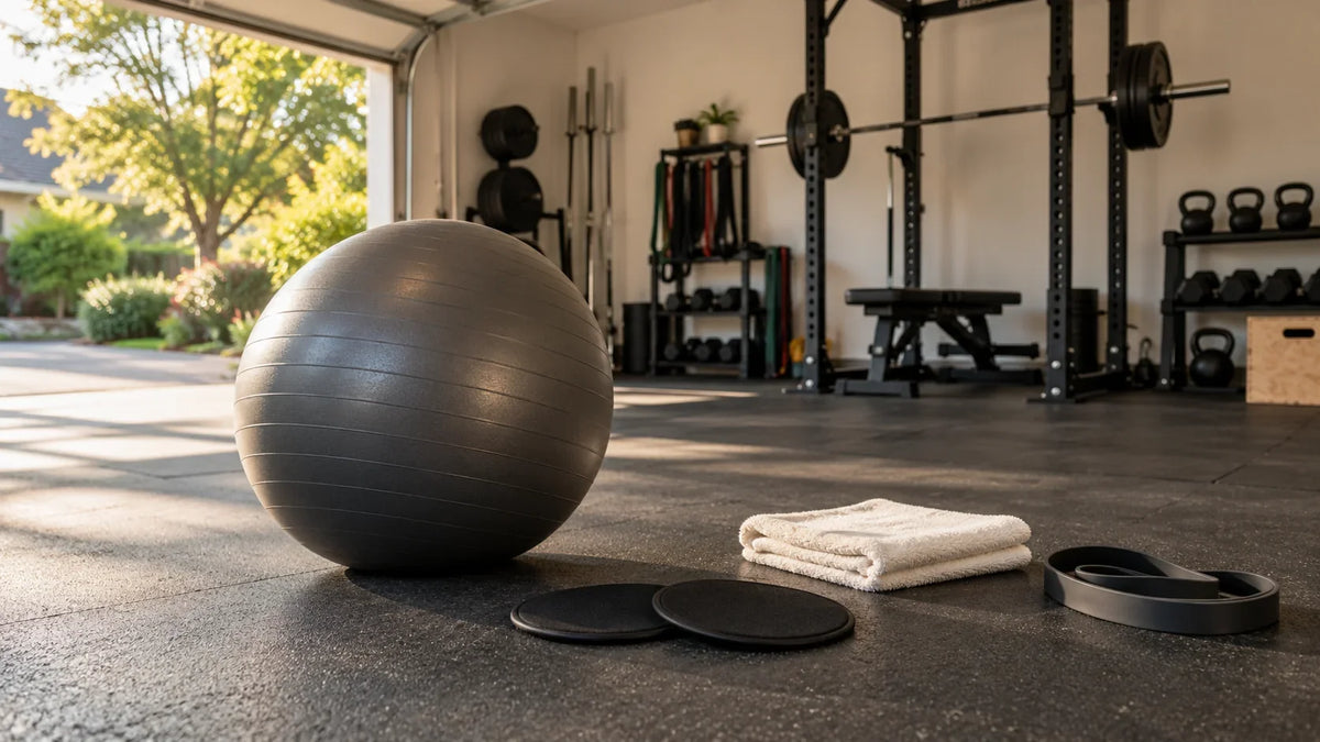 Illustrative garage gym with a stability ball, exercise sliders, folded towel and resistance band.