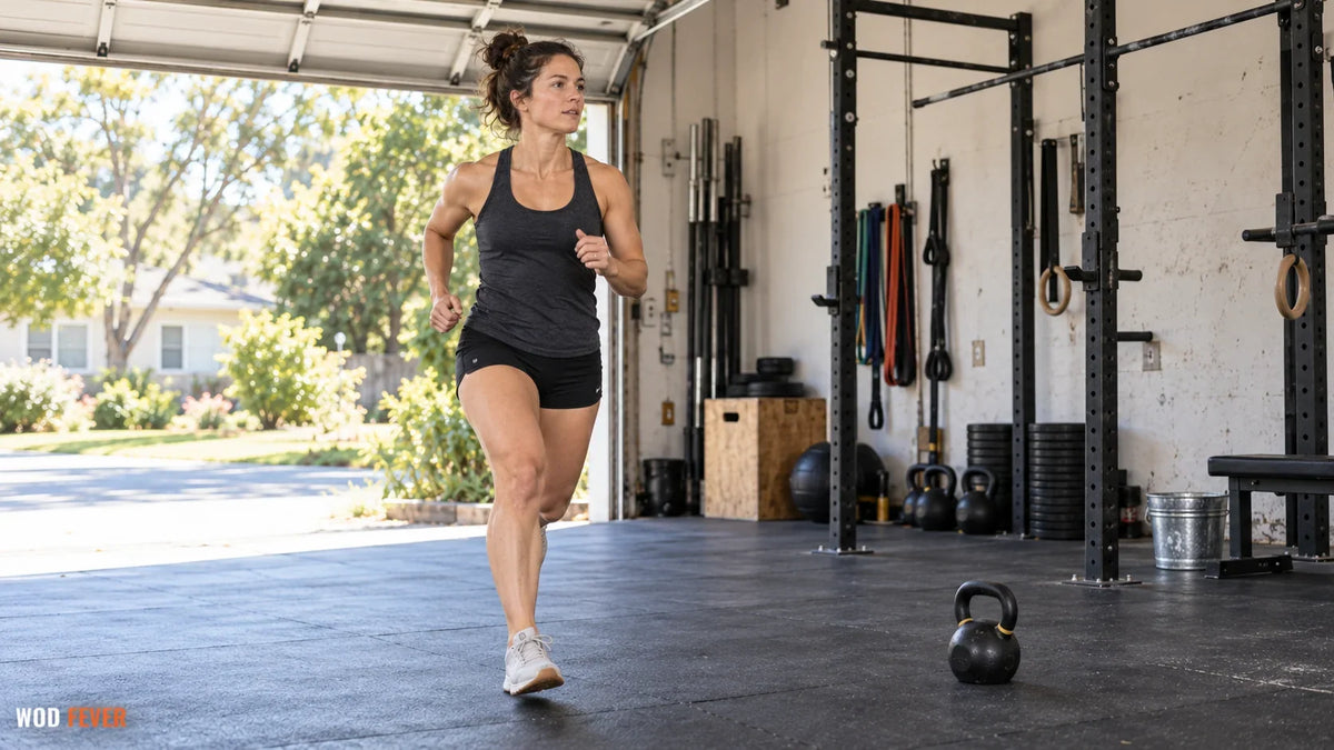 Athlete returning from a run into a bright garage gym with a kettlebell and pull-up station.