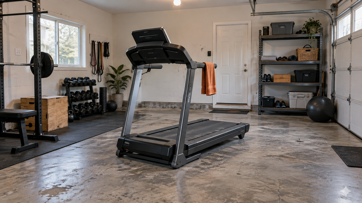 Home treadmill in a realistic light-colored garage gym