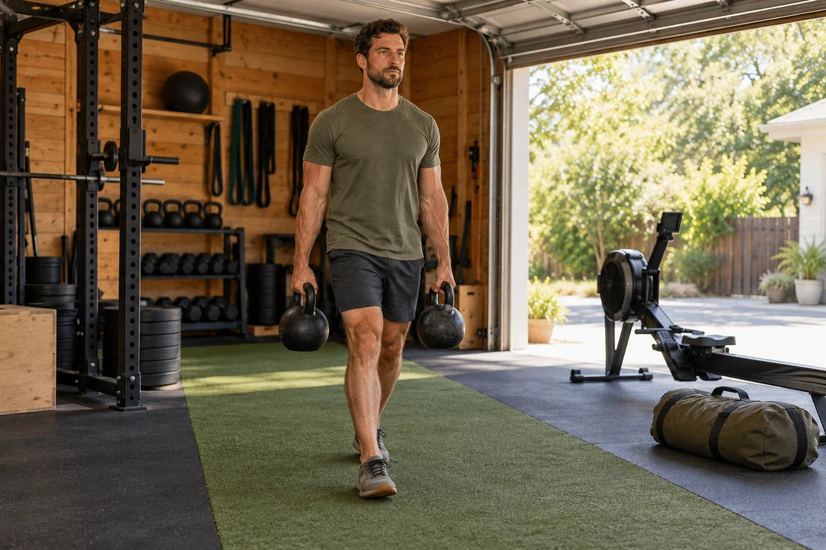 Athlete carrying kettlebells on a turf lane in a naturally lit garage gym, with a rower and sandbag nearby