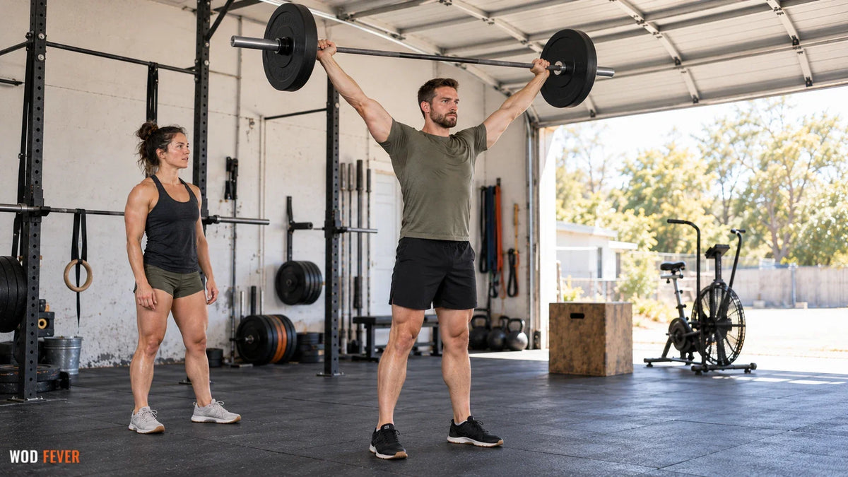 Athlete holding a barbell overhead with a wide snatch grip for Isabel in a bright garage gym.